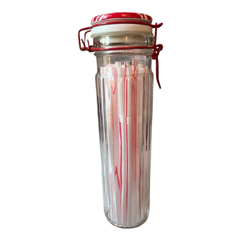 Vintage Round Wire Bail Ribbed Glass Ceramic Top Candy Cane Pasta Jar 10"